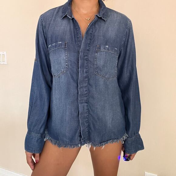 Cloth & Stone Anthropologie Chambray Split Back Raw Hem Shirt Roll Tab Size M - Picture 7 of 10